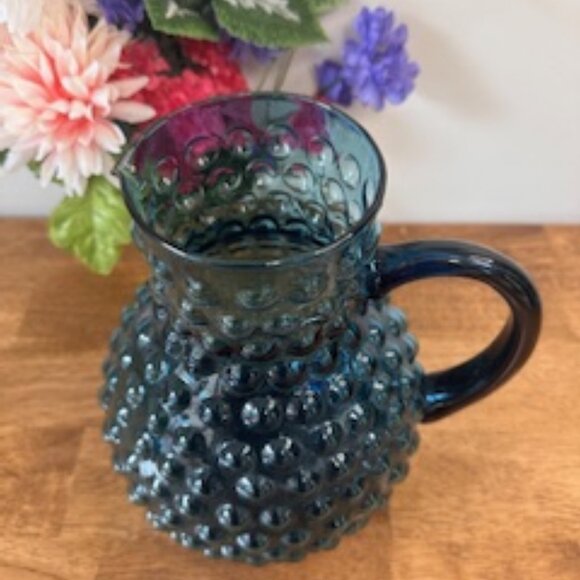 Vintage Hobnail Blue Glass Pitcher Hand Blown Cobalt Mid Century Decor - Picture 3 of 4